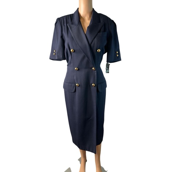 1980s Kasper Short Sleeve Navy Double Breasted Tuxedo Secretary Sheath Dress - Picture 1 of 10